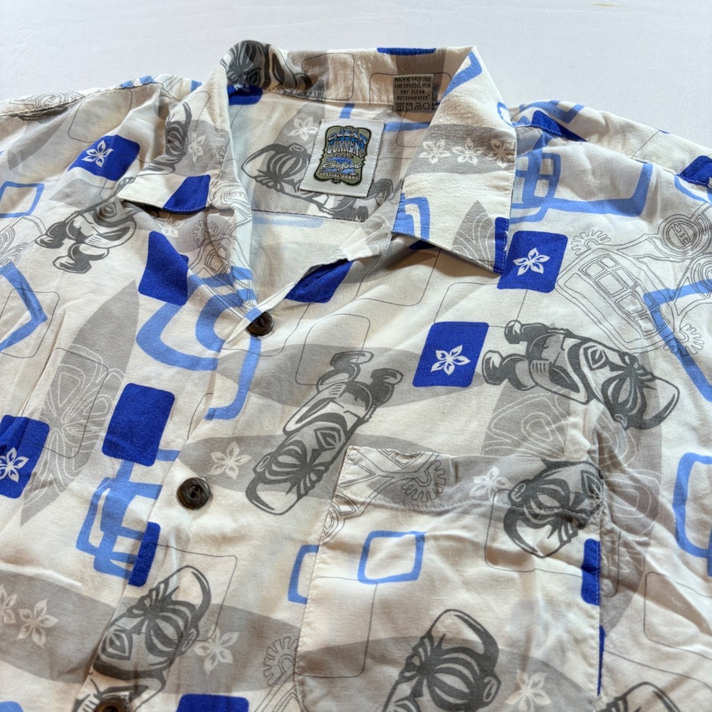 Ocean Current Mens Tiki Geometric Print Rayon Hawaiian Camp Shirt Blue Grey Med
